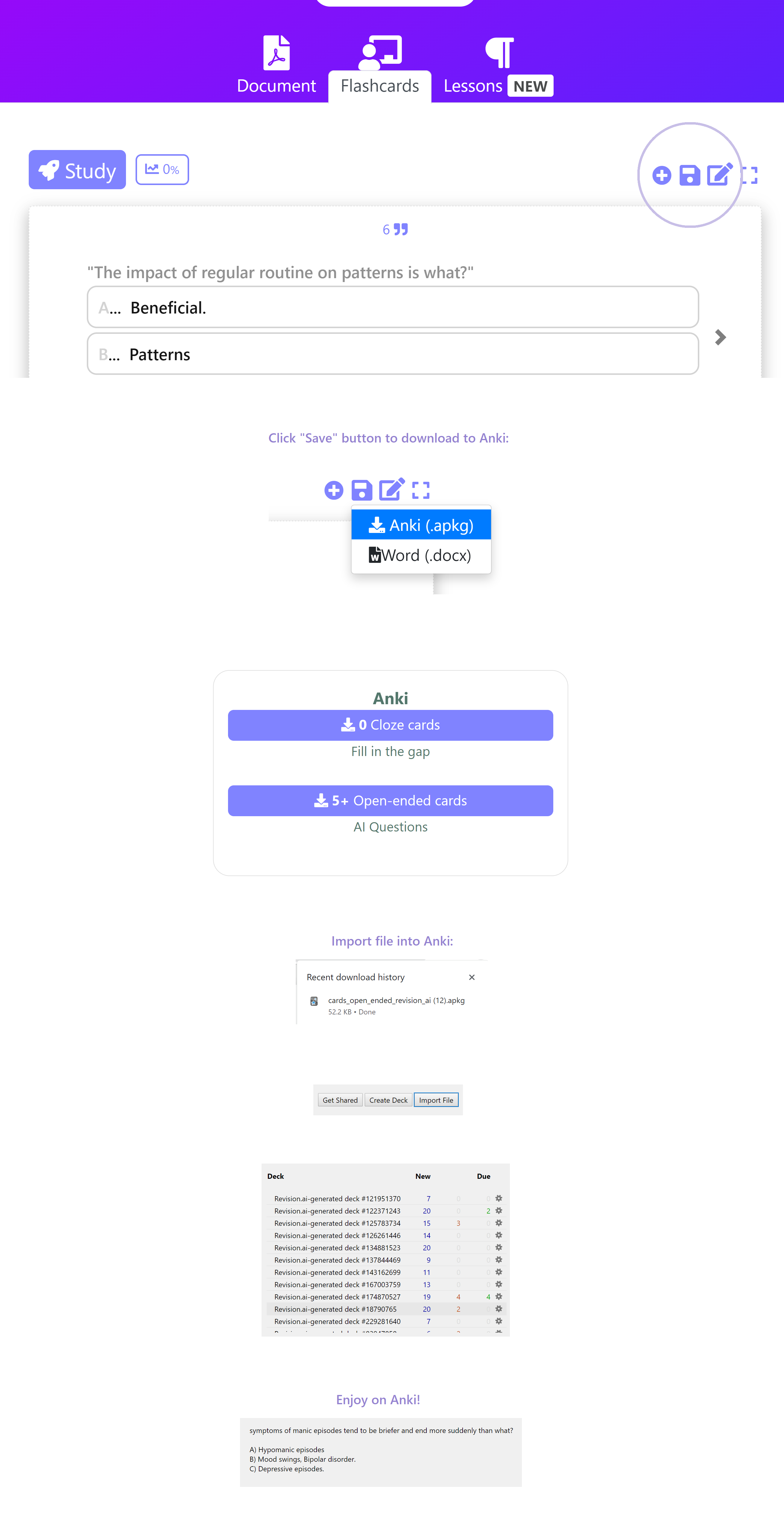 A guide showing how to export Anki cards on Revision.ai. Outlines steps