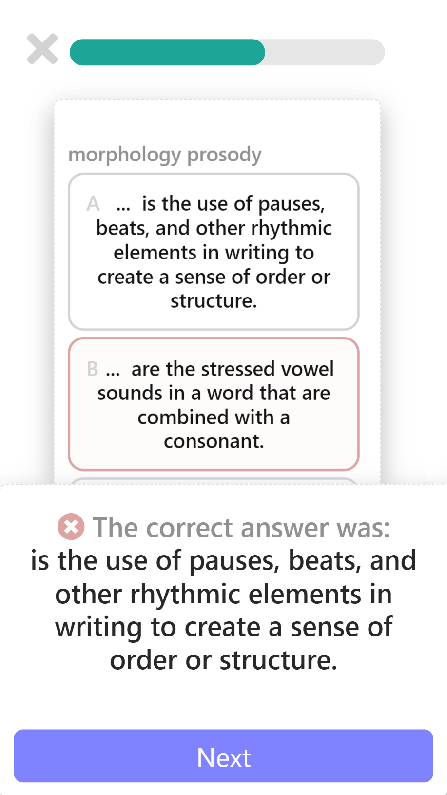 A sample flashcard question with multiple choice answers